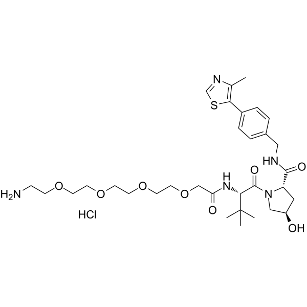 (S,R,S)-AHPC-PEG4-NH2 hydrochloride Chemical Structure (S,R,S)-AHPC-PEG4-NH2 hydrochloride(Synonyms: VH032-PEG4-NH2 hydrochloride; VHL Ligand-Linker Conjugates 4 hydrochloride; E3 ligase Ligand-Linker Conjugates 7)