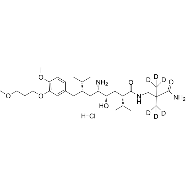 Aliskiren D6 Hydrochloride Chemical Structure Aliskiren D6 Hydrochloride(Synonyms: CGP 60536 D6 Hydrochloride; CGP60536B D6 Hydrochloride; SPP 100 D6 Hydrochloride)
