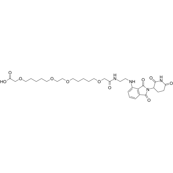 Pomalidomide-C2-amido-(C1-O-C5-O-C1)2-COOH Chemical Structure Pomalidomide-C2-amido-(C1-O-C5-O-C1)2-COOH(Synonyms: Cereblon Ligand-Linker Conjugates 14; E3 ligase Ligand-Linker Conjugates 49)