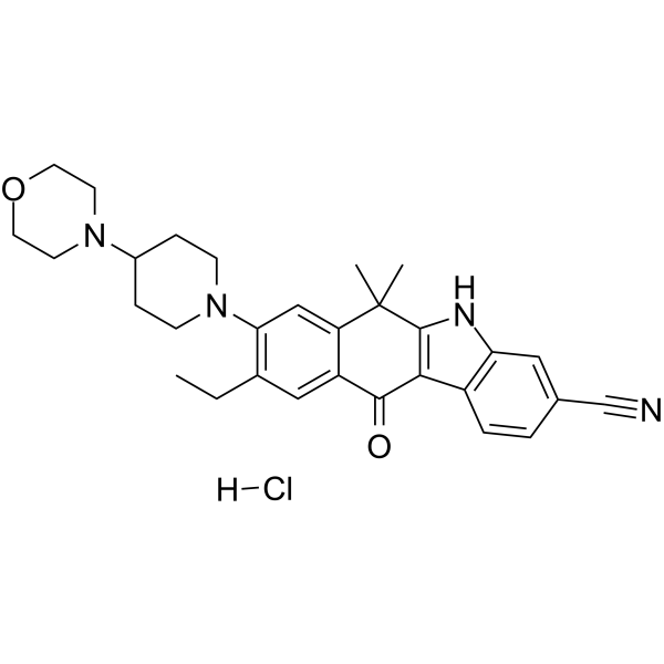 Alectinib Hydrochloride Chemical Structure Alectinib Hydrochloride(Synonyms: 艾乐替尼盐酸盐; CH5424802 Hydrochloride; RO5424802 Hydrochloride; AF-802 Hydrochloride)
