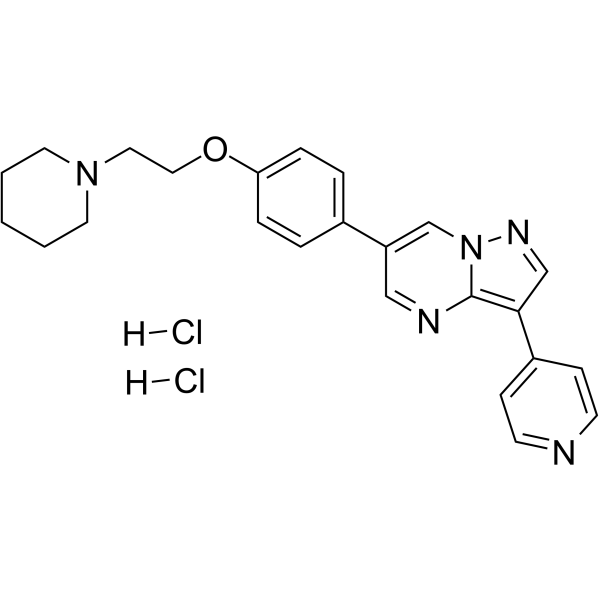 Dorsomorphin dihydrochloride Chemical Structure Dorsomorphin dihydrochloride(Synonyms: Compound C dihydrochloride; BML-275 dihydrochloride)