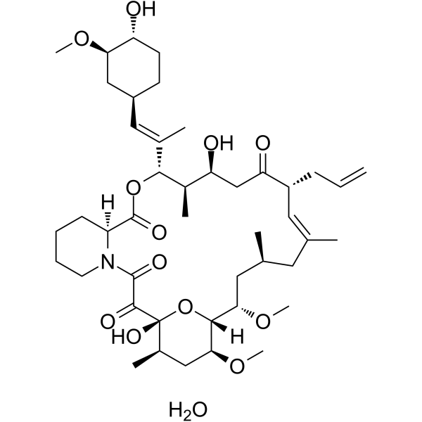 Tacrolimus monohydrate Chemical Structure Tacrolimus monohydrate(Synonyms: 他克莫司一水合物; FK506 monohydrate; Fujimycin monohydrate; FR900506 monohydrate)