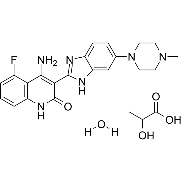 Dovitinib lactate hydrate Chemical Structure Dovitinib lactate hydrate(Synonyms: TKI258 lactate hydrate; CHIR-258 lactate hydrate)