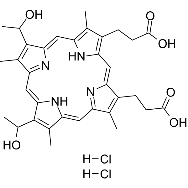 Hematoporphyrin dihydrochloride Chemical Structure Hematoporphyrin dihydrochloride(Synonyms: 血卟啉二盐酸盐; Hematoporphyrin IX dihydrochloride)